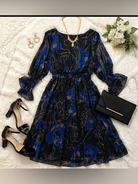 INC International Concepts Floral Dress Black Blue Long Sleeve Elastic Waist